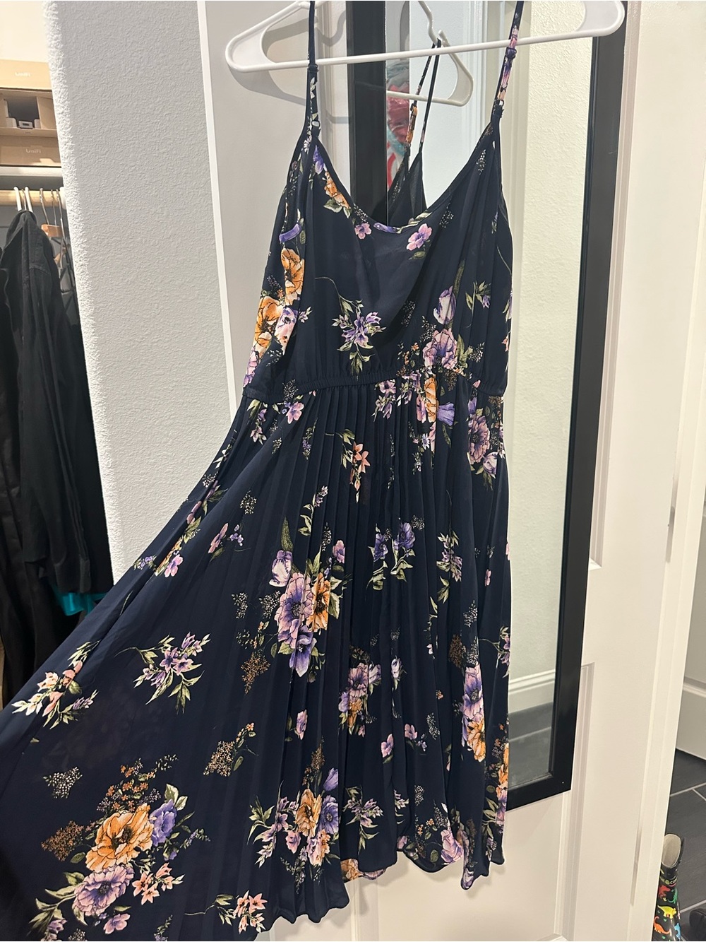 Xhilaration Navy Floral Midi Dress with Purple & Orange Blooms - Picture 2 of 5